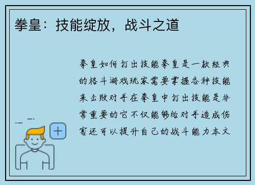 拳皇：技能绽放，战斗之道