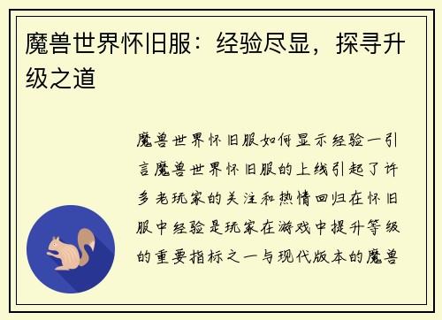 魔兽世界怀旧服：经验尽显，探寻升级之道